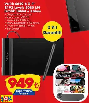 VEİKK S640 6 X 4'' 8192 LEVELS 5080 LPI GRAFİK TABLET + KALEM